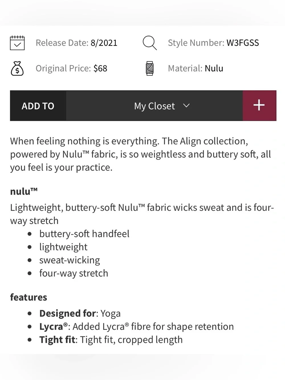 🍋 VGUC Lululemon Align T-Shirt - White - Sz 10